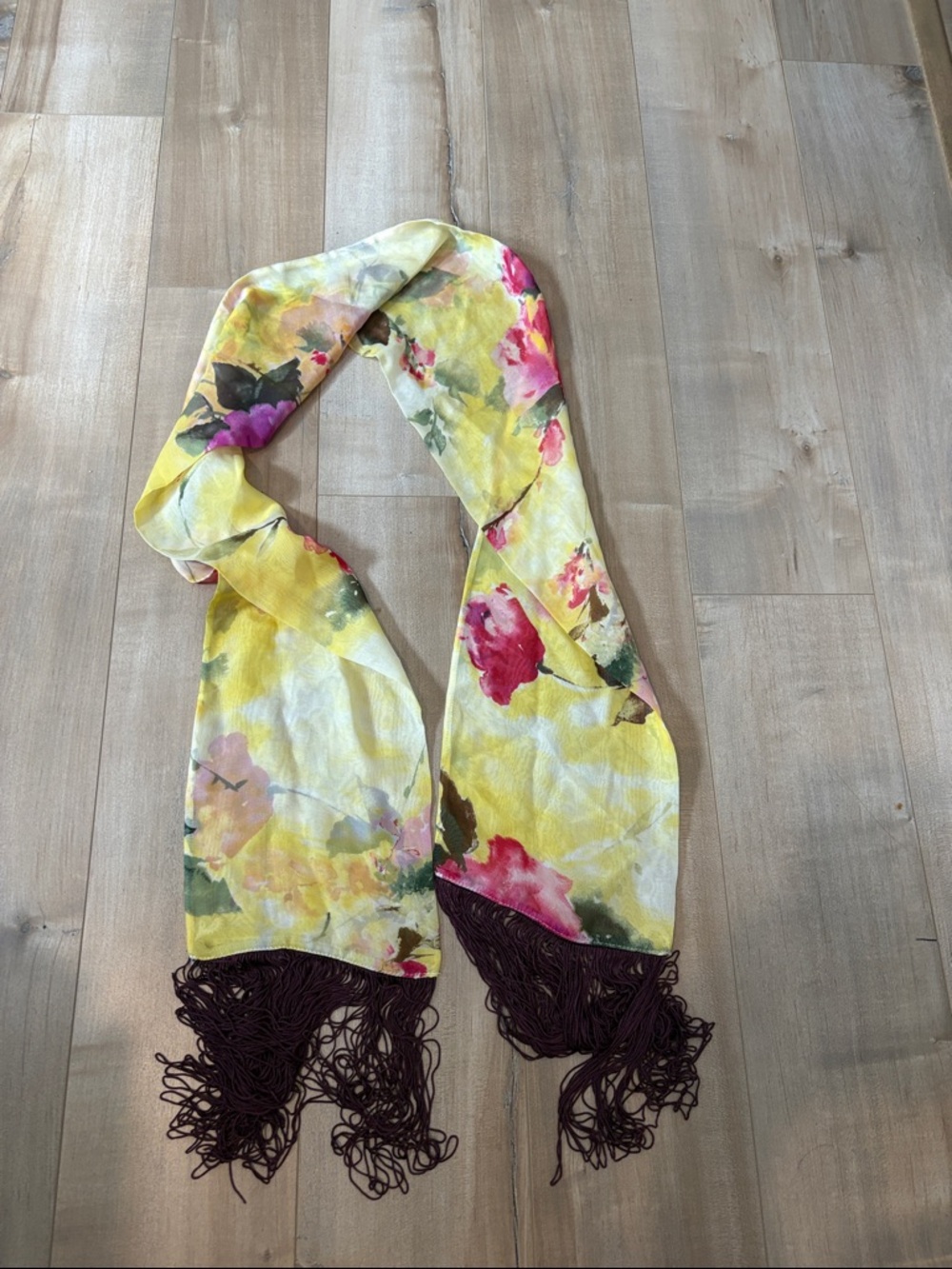 Dolce & Gabbana Yellow Floral Silk-Blend Scarf with Dark Fringe